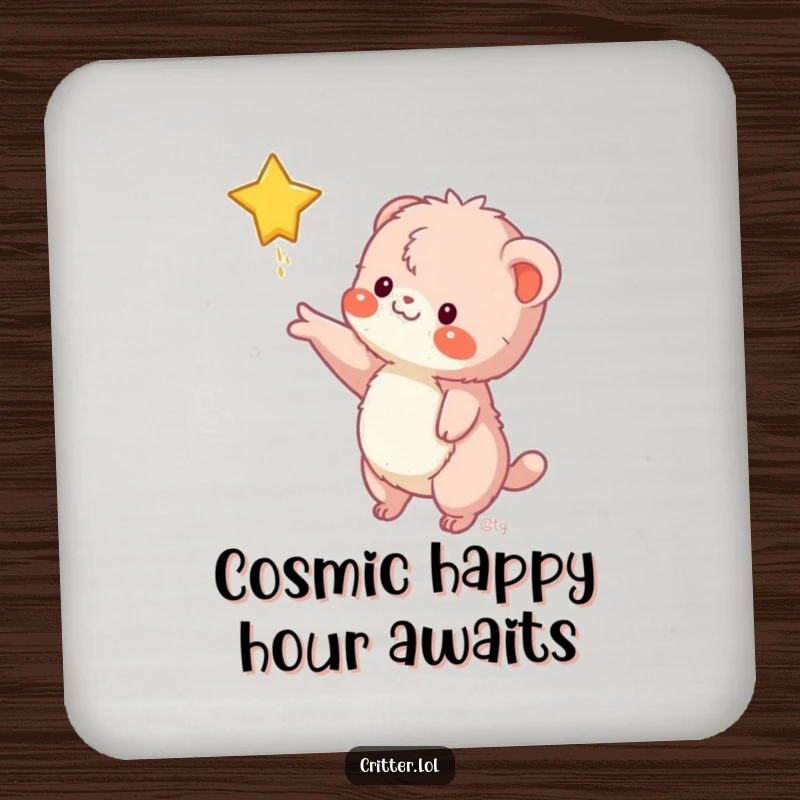 Funny drink coaster with a fuzzy creature reaching for a falling star, adding a humorous touch to tables.
