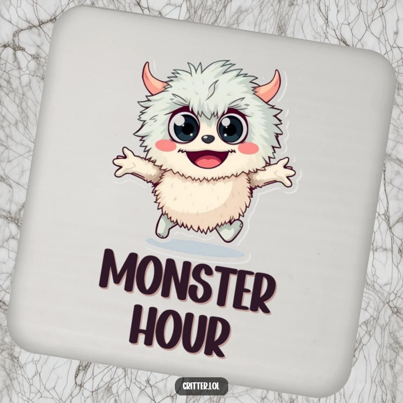 Funny fuzzy monster drink coaster, featuring a googly-eyed monster skipping joyfully, protecting surfaces with a humorous, playful design.
