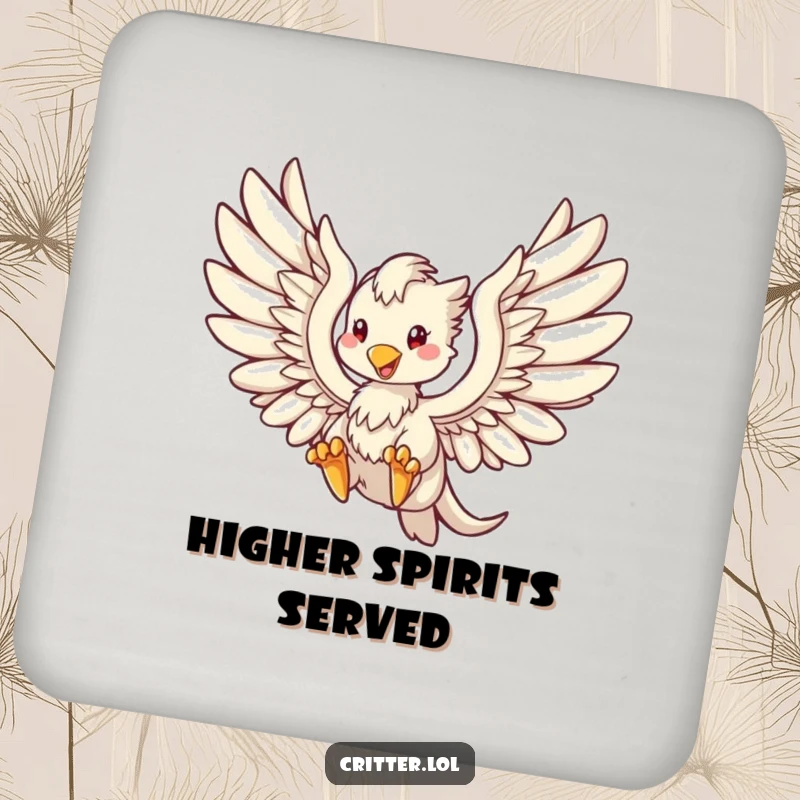 Funny drink coaster featuring a soaring griffin, protecting surfaces with a touch of mythical charm and humor.