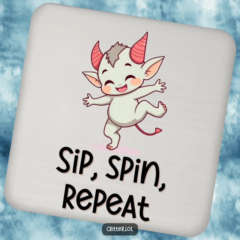 Funny drink coaster featuring a cute imp with devil horns doing a cartwheel, adding a touch of playful mischief.