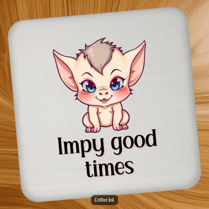 Funny drink coaster featuring a mischievous imp with large pointy ears and a playful, impish expression.