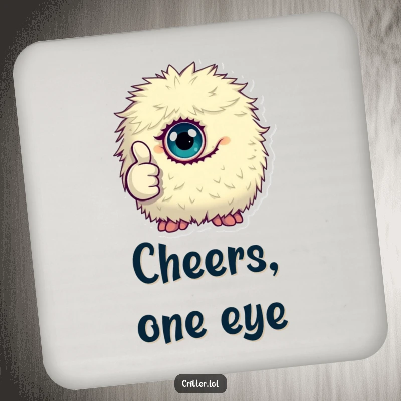 Funny coaster set with a tiny, fluffy, one-eyed monster giving a thumbs up, offering quirky protection.