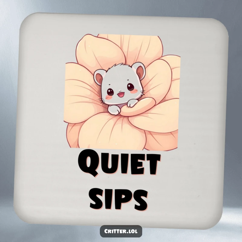 Funny critter coaster showing a shy critter peeking from behind a flower petal, adding a humorous and protective element.