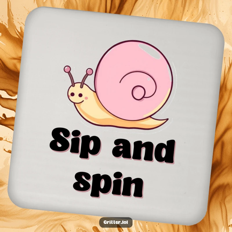 Funny snail coaster featuring a happy character spinning with a sparkly trail, protecting surfaces with whimsical charm.