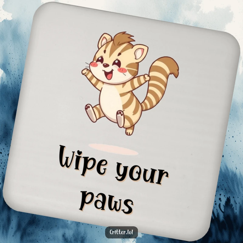Funny drink coaster with a striped creature and bushy tail leaping joyfully, protecting surfaces with humor.