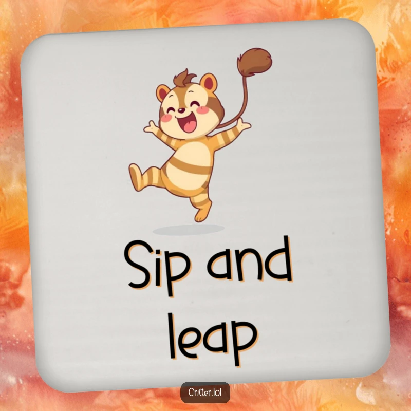 Funny drink coasters featuring a striped creature with a bushy tail leaping happily, protecting surfaces with style.