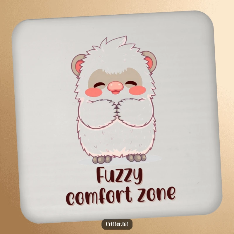Funny drink coaster showcasing a small, fuzzy yeti character giving a warm, affectionate, fuzzy hug, perfect for table protection.