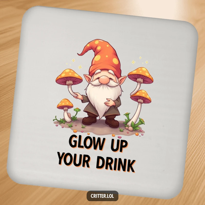 Funny drink coaster showing a gnome juggling glowing mushrooms, adding whimsical protection to tables.