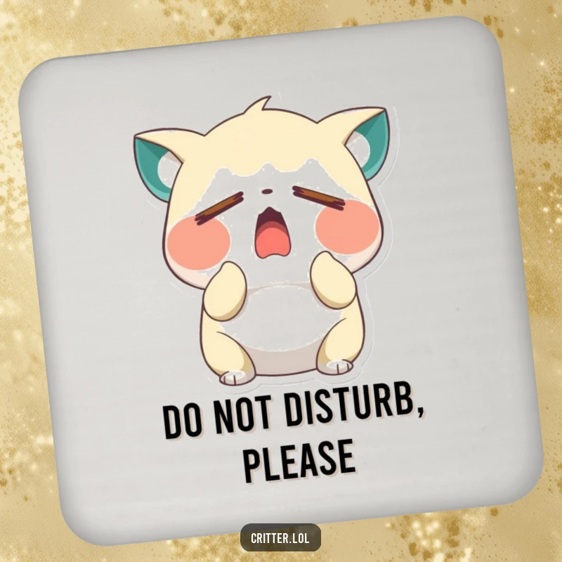 Funny sleepy critter character yawning wide with closed eyes on a drink coaster, protecting surfaces with sleepy charm, an ideal funny gift.