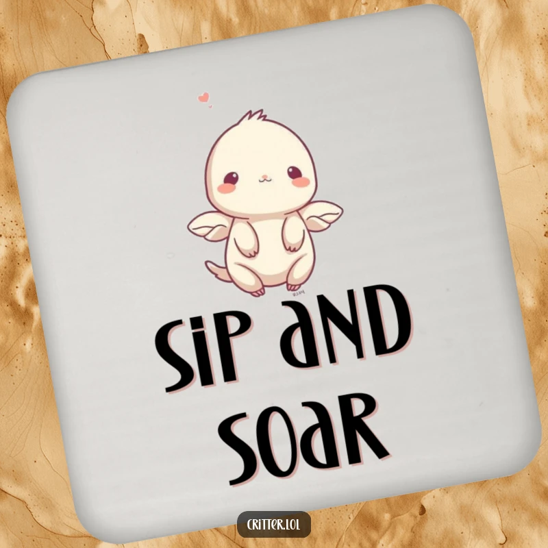 Funny drink coaster with a shy creature and small wings fluttering upwards, adding gentle humor to decor.