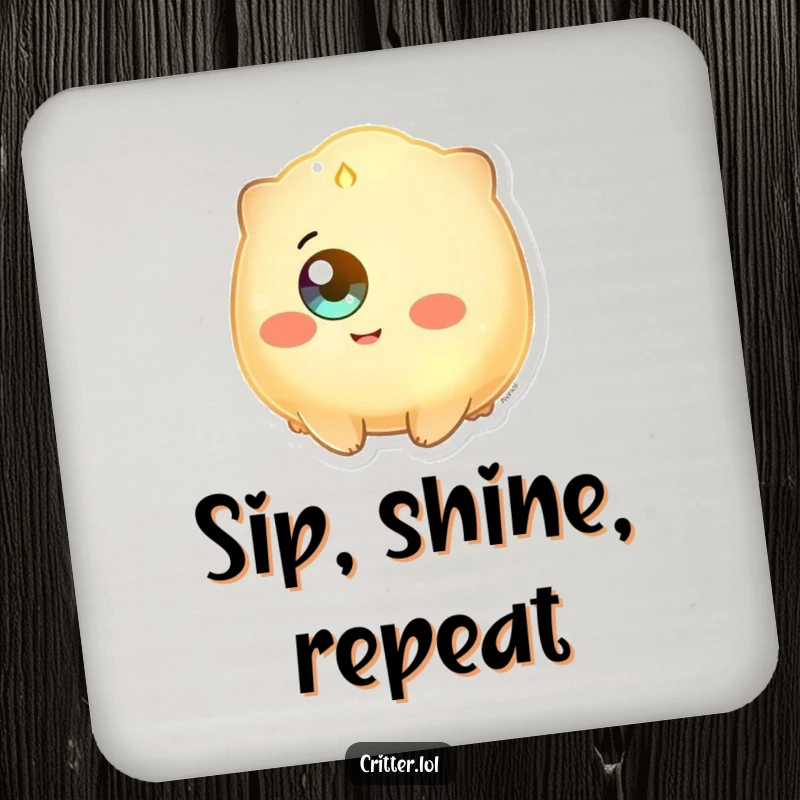 Funny drink coasters featuring a glowing creature with a single eye beaming happily, protecting surfaces with radiant humor.