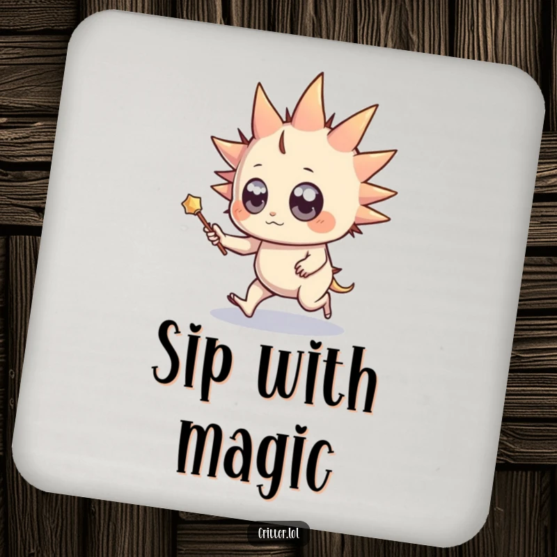 Funny coaster set featuring a spiky creature with wide eyes and a wand, skipping happily, protecting surfaces with magical charm.