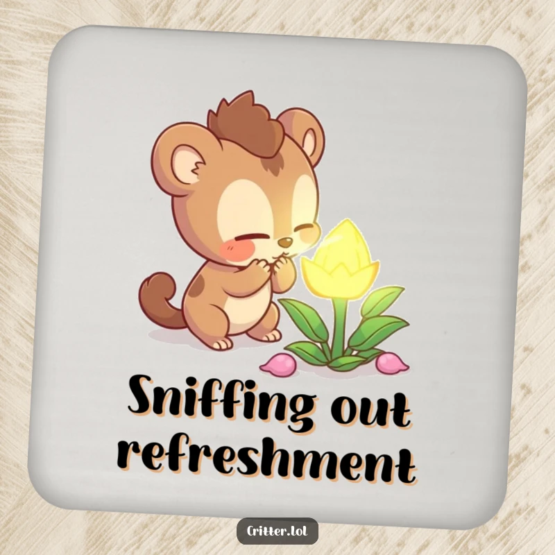 Funny curious creature character intently sniffing a mysterious glowing plant on a drink coaster, protecting surfaces with intrigue, an ideal funny gift.