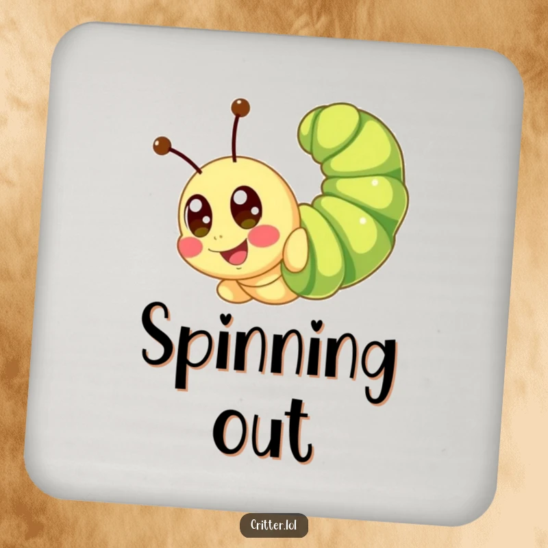 Funny caterpillar coaster with a cute character executing a joyful somersault, protecting surfaces with humor.