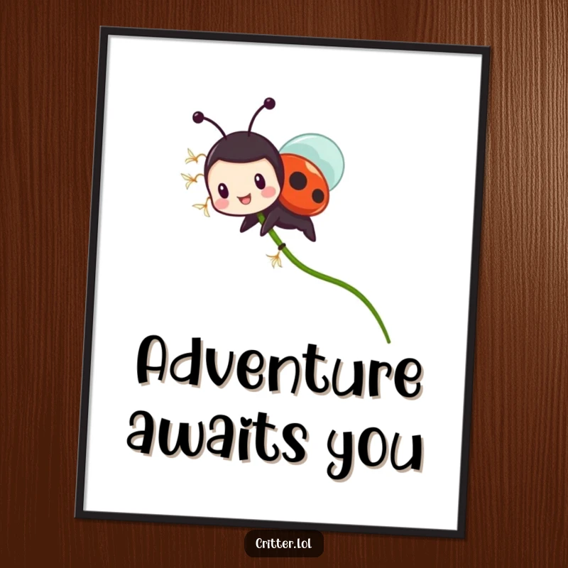 Funny ladybug poster print with a tiny character riding a flying dandelion seed with glee, adding whimsical nature-themed humor.