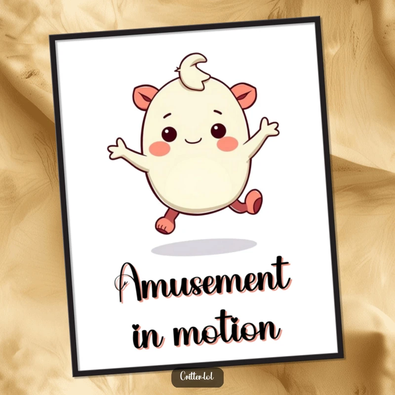 Funny poster print of a bouncy creature with rubbery legs hopping with amusement, adding a cheerful vibe.