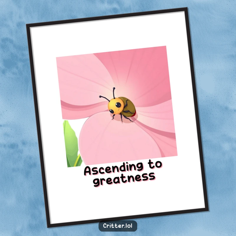 Funny poster showcasing a small beetle character's epic climb up a huge flower petal, bringing whimsical charm and humor.