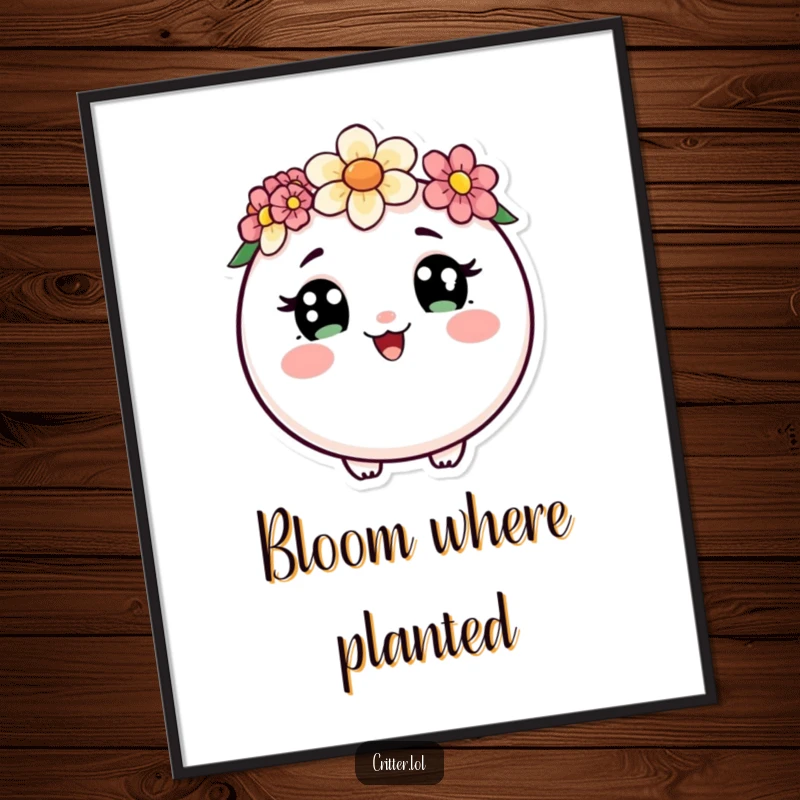 Funny poster of a round critter with curious eyes, wearing a flower crown and doing a happy wiggle, bringing sweet, humorous charm.
