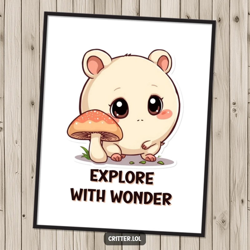 Funny poster of a round critter with big eyes investigating a mushroom, ideal for adding a touch of nature and whimsy.