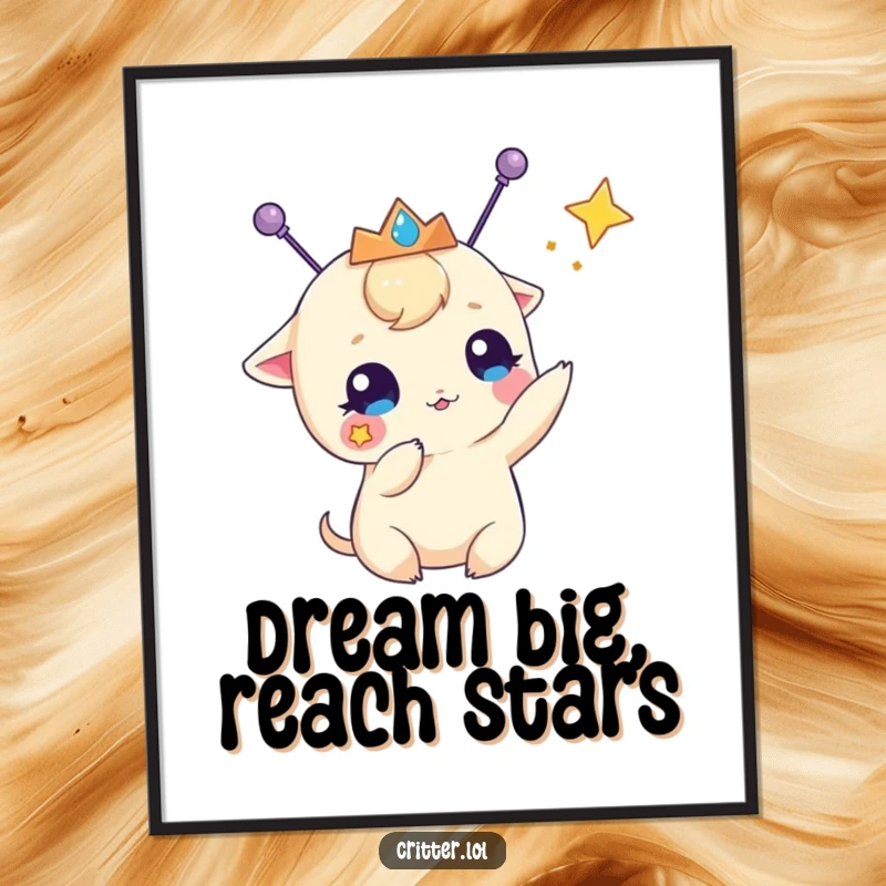 Funny poster of a small creature with antennae and a tiara, playfully reaching for a star, bringing whimsical charm to any wall.