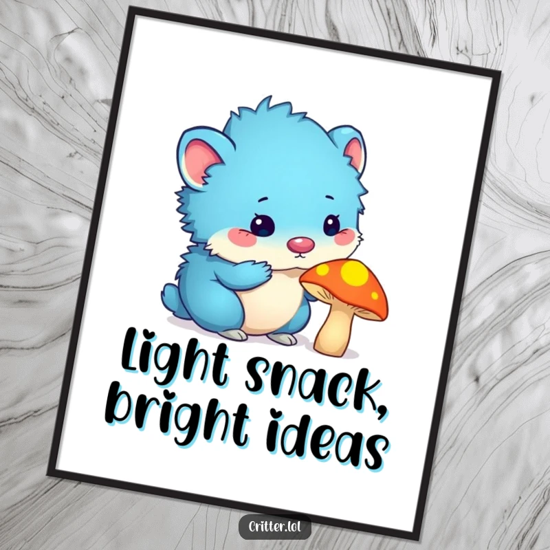 Funny blue furry critter with antennas curiously sniffing a glowing mushroom, displayed as captivating wall art for a funny poster.