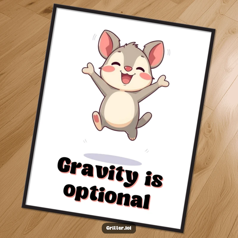 Funny bouncing critter character making exaggerated joyful leaps, depicted on a poster, radiating pure happiness and energy, a perfect gift.