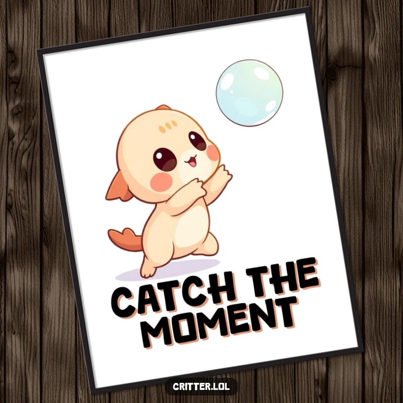 Funny poster of a playful creature character reaching for a floating bubble, capturing a moment of innocent fun.