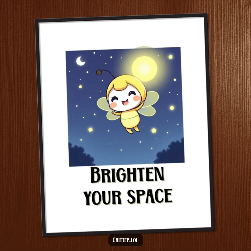 Funny firefly poster capturing a cheerful character illuminating the darkness with a brilliant glow, a beacon of joy.