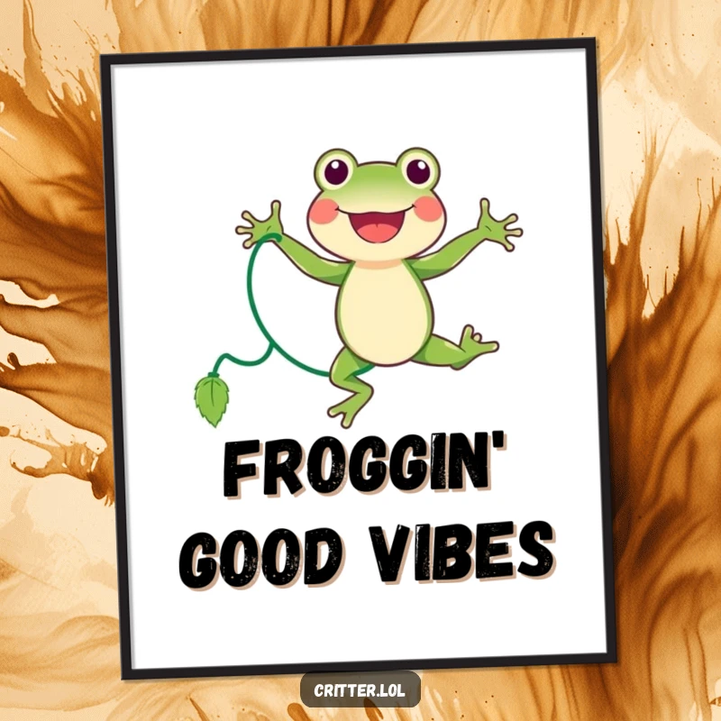 Funny frog poster of a joyful character mid-jump while playing jump rope with a vine, adding dynamic humor.