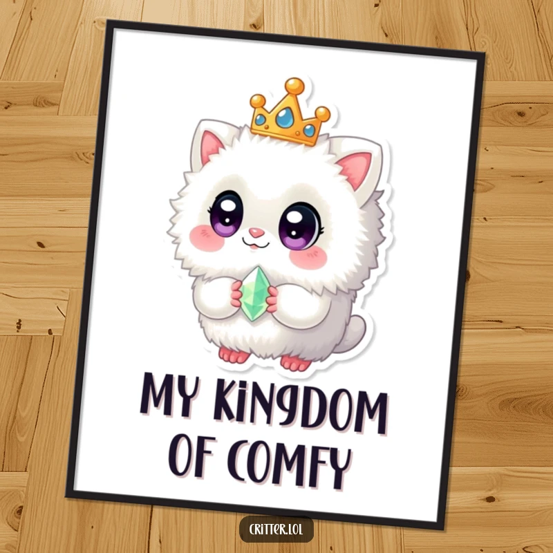 Funny poster art of a fuzzy creature with big eyes, wearing a crown and holding a tiny gem, bringing whimsical charm.