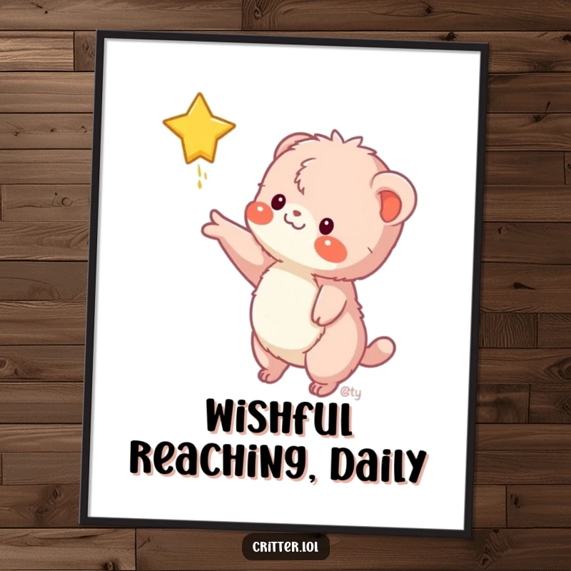 Funny poster art of a fuzzy creature reaching for a falling star, creating a humorous and inspiring visual for room decoration.