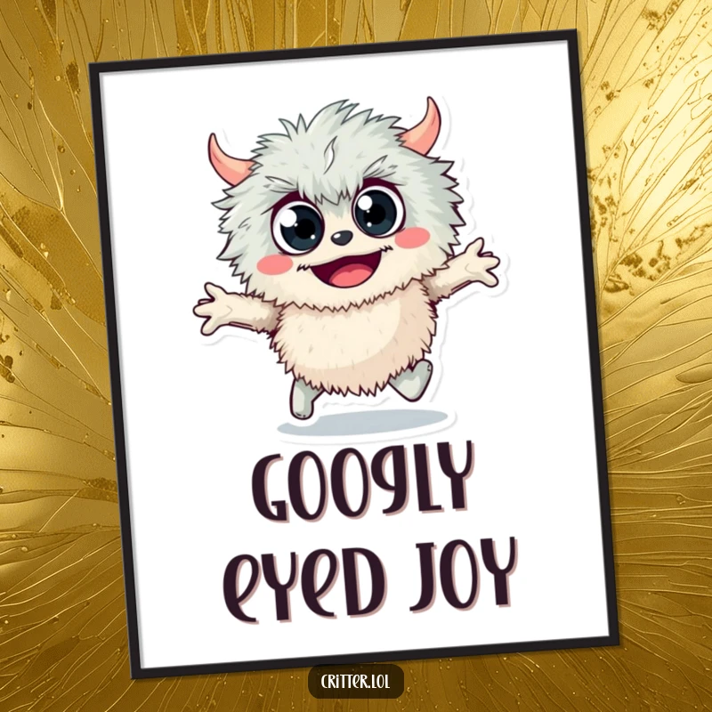 Funny fuzzy monster poster depicting a googly-eyed monster skipping joyfully, perfect for adding whimsical, humorous cartoon-themed art to any room.