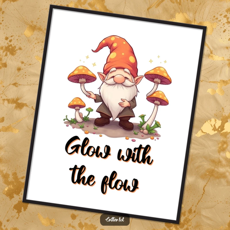 Funny poster art of a whimsical gnome juggling radiant mushrooms, perfect for adding a magical and humorous vibe to any wall.