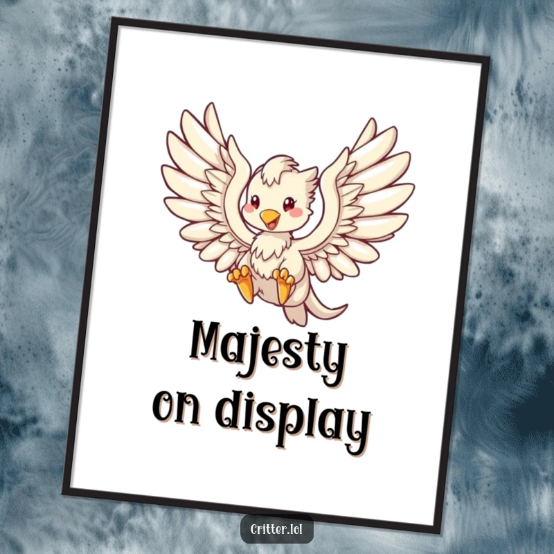 Funny poster art of a grand griffin in majestic flight, its powerful wings stretched wide, conveying strength and wonder.