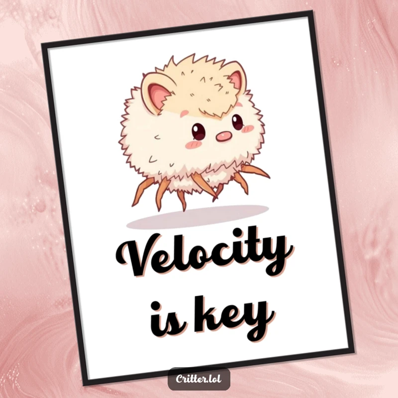 Funny poster featuring a fluffy critter with many legs in a dynamic, scurrying pose, bringing energetic humor to any wall.