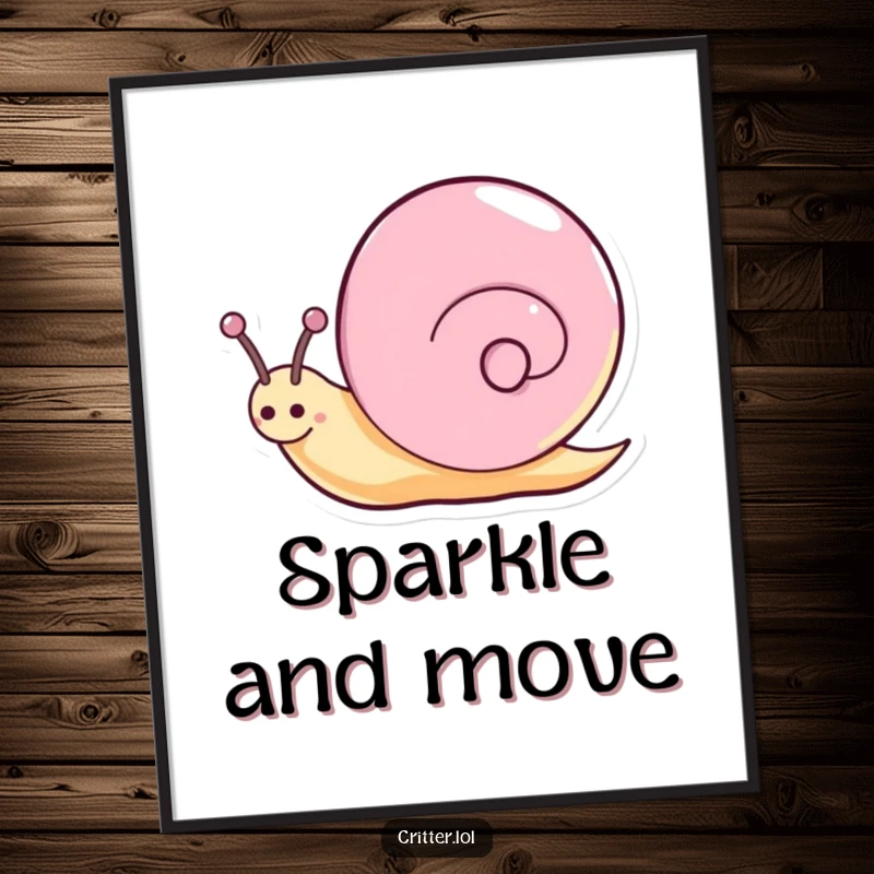 Funny snail poster capturing a happy character spinning with a dazzling sparkly trail, a piece of artful enchantment.