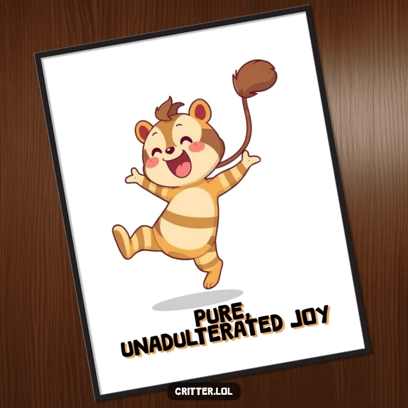 Funny poster print of a striped creature with a bushy tail leaping with unbridled joy, adding a playful touch to any wall.