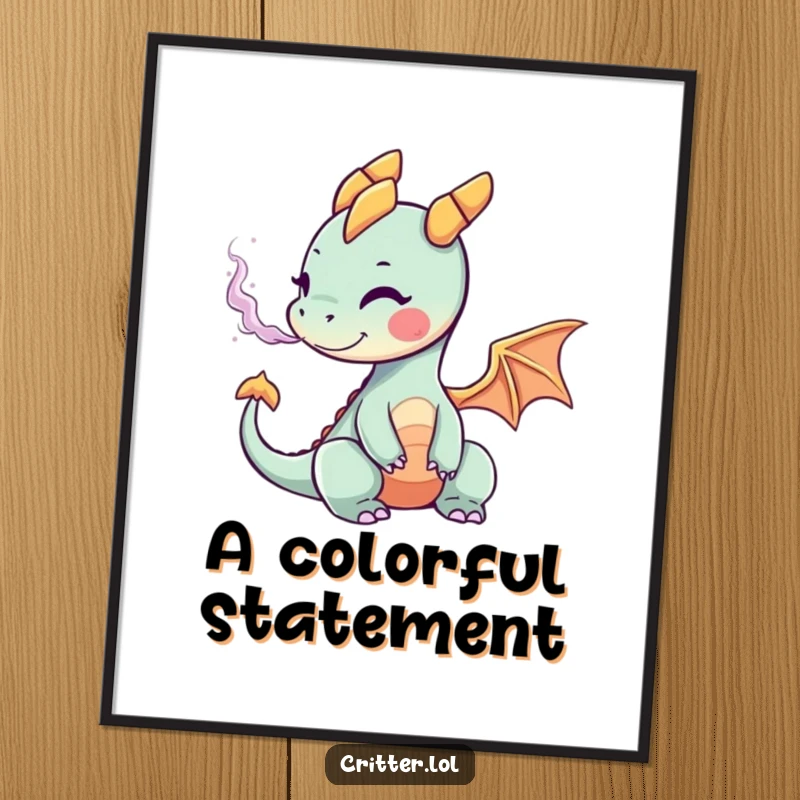 Funny poster featuring a majestic yet tiny dragon creating a spectacular and vibrant explosion of colorful smoke, evoking wonder.