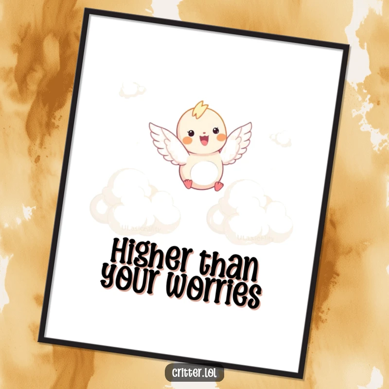 Funny poster art of a winged critter delightedly soaring through fluffy clouds, creating a serene and humorous visual for decor.