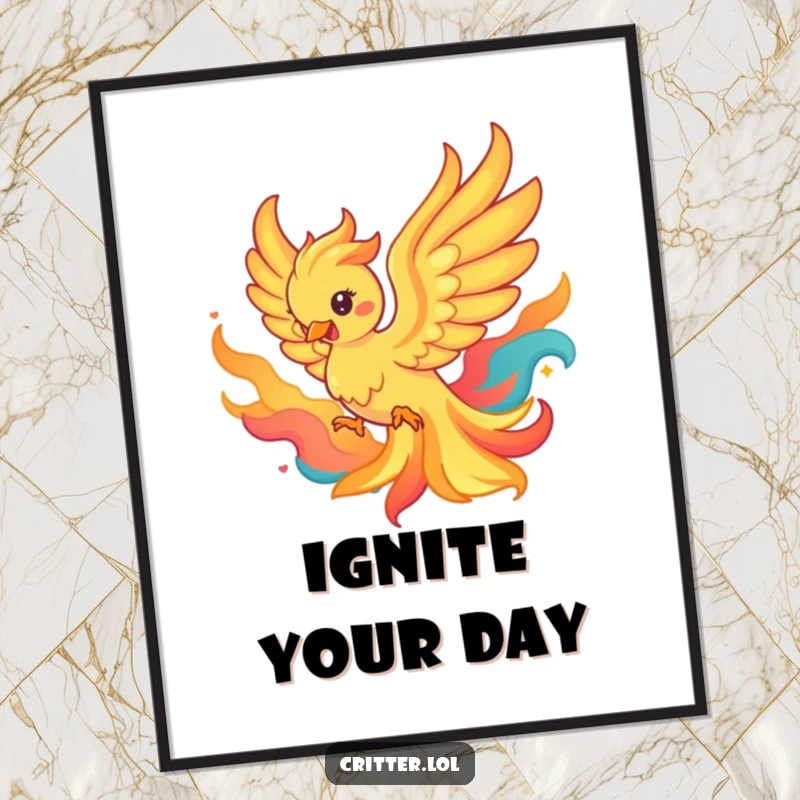 Funny poster of a playful phoenix rising from colorful flames, symbolizing beauty, rebirth, and enduring power.