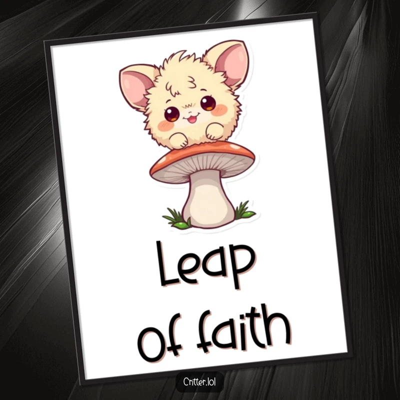 Funny poster of a playful fuzzball with large ears bouncing happily on a mushroom, bringing whimsical energy.