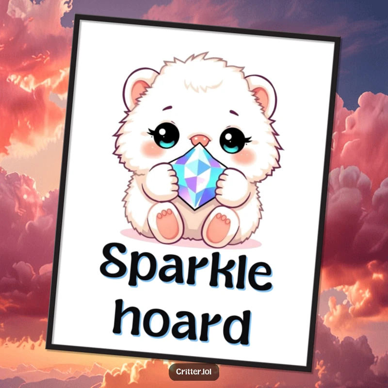 Funny poster print of a fluffy creature cherishing a large, brilliantly sparkling gem, creating a heartwarming scene.