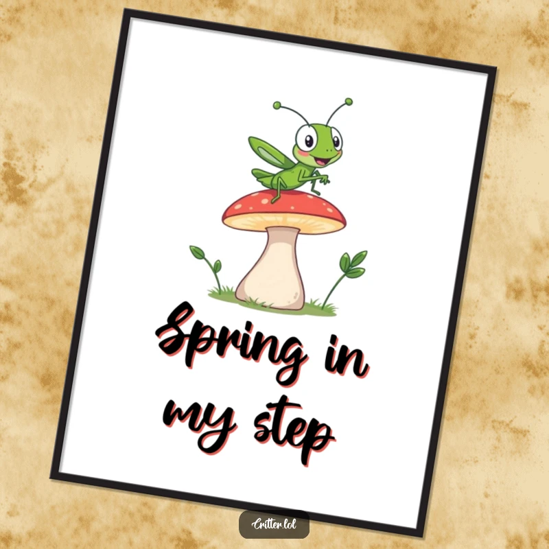 Funny poster showing a grasshopper character leaping high off a mushroom, capturing a moment of pure, humorous exhilaration.