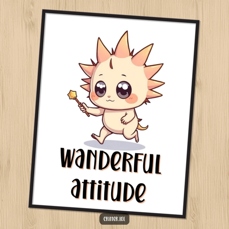 Funny poster of a spiky creature with wide eyes, holding a wand and skipping, bringing whimsical magic and humor to any wall.