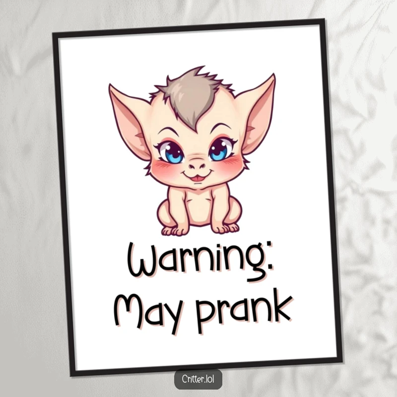 Funny poster of a small, mischievous imp with large, distinctive pointy ears and a playful, impish grin.