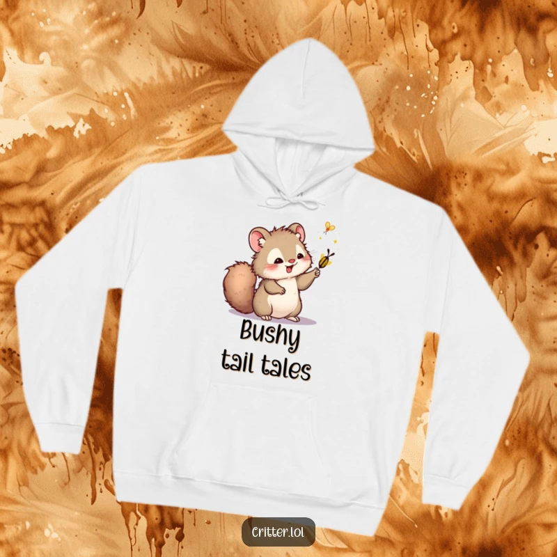 Funny hoodie featuring a furry critter with a bushy tail playfully swatting a firefly, perfect for cozy nights and woodland themes.