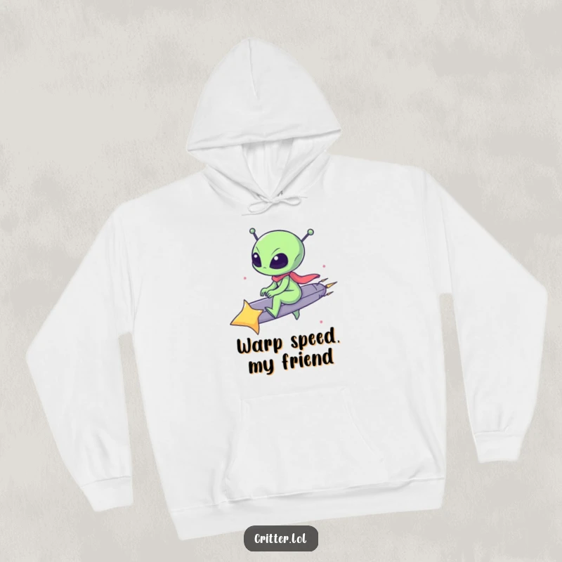 Funny hoodie depicting a happy alien joyfully riding a blazing shooting star through the galaxy, perfect for cold nights.