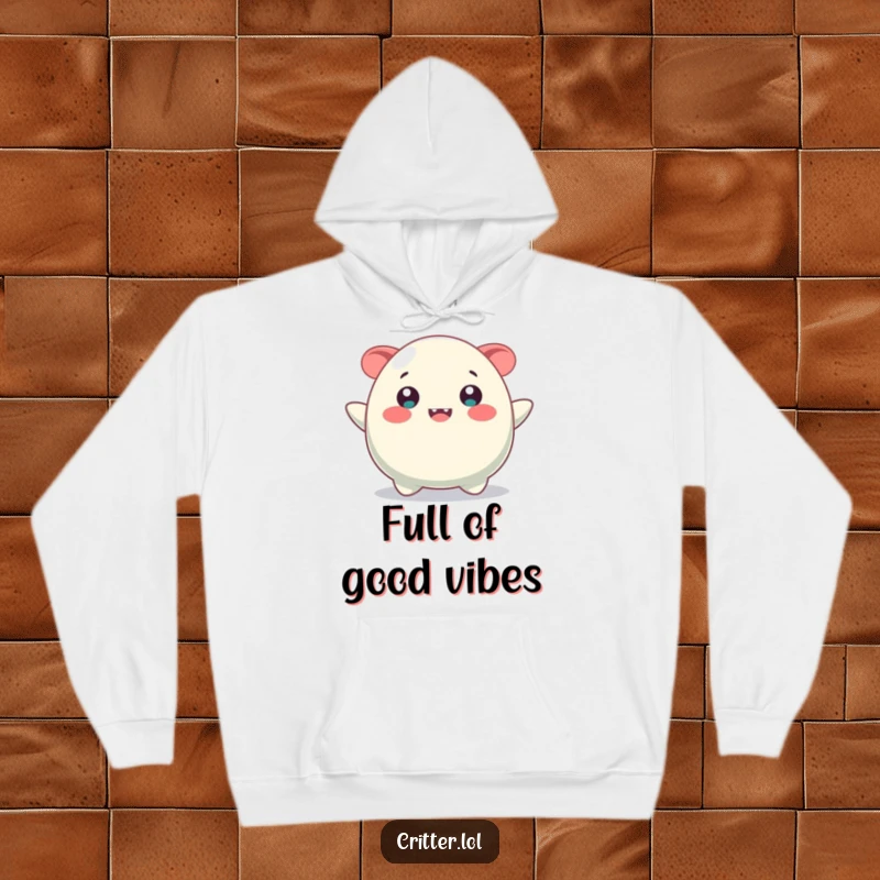 Funny hoodie featuring a cuddly, bouncing blob creature with a huge, beaming smile, perfect for cozy happiness.