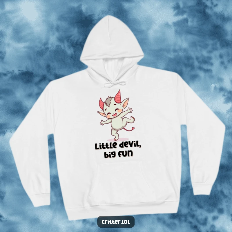 Funny hoodie featuring a cute imp with devil horns doing a cartwheel, ideal for cozy, mischievous fun.