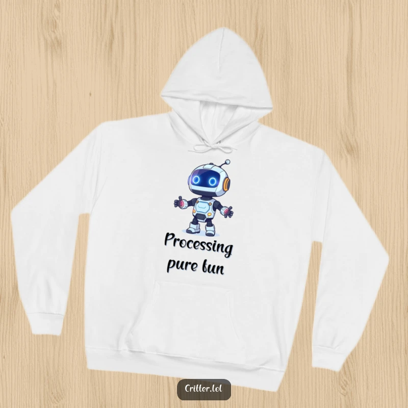 Funny hoodie showing a curious robot with blinking lights dancing energetically, perfect for cozy, techy fun.